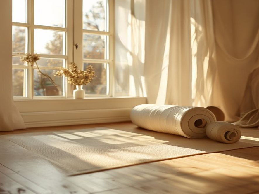 A person stretching gently near a large window in evening light