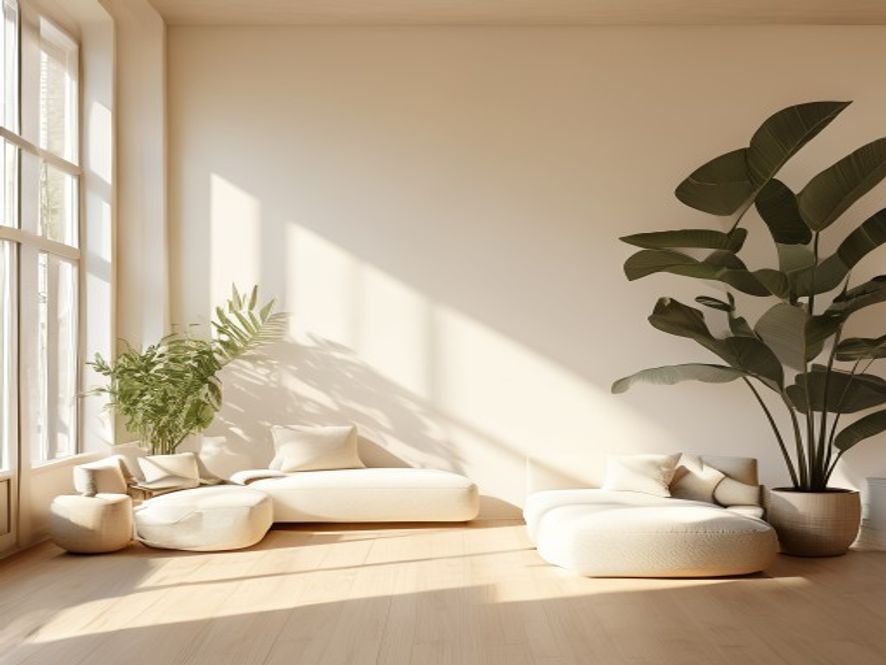 A cosy reading nook by a window with soft evening light